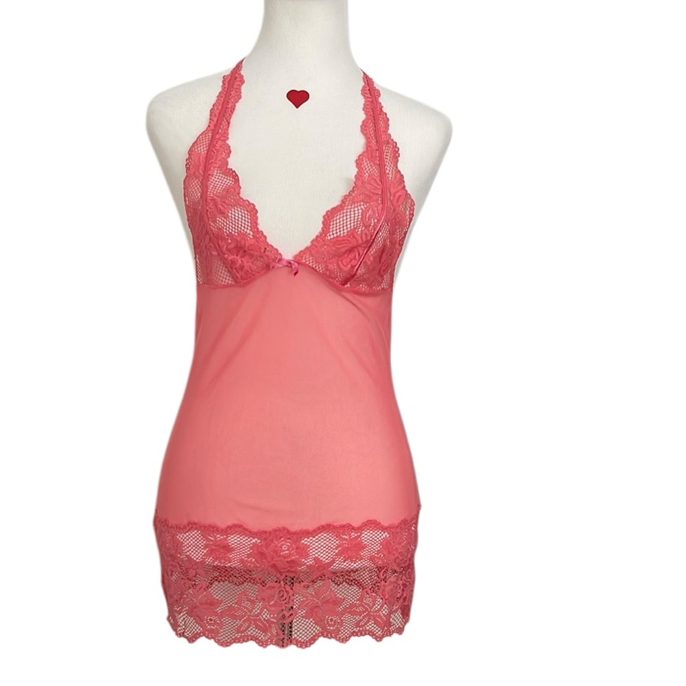 Vintage Fredrick’s of Hollywood pink mesh and lace slip dress